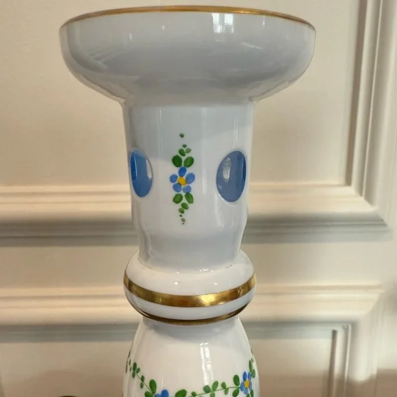 Vintage Pair CZECH BOHEMIAN Cut to Blue Glass Candlesticks